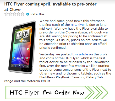 HTC Flyer Tablet Launching Mid-April In UK, Clove Taking Pre-Orders For ...