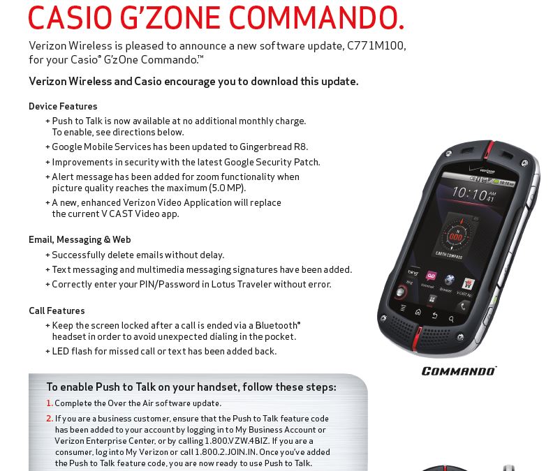 Casio G'zOne Commando Receiving Update C771M100 With Free Push-To-Talk ...