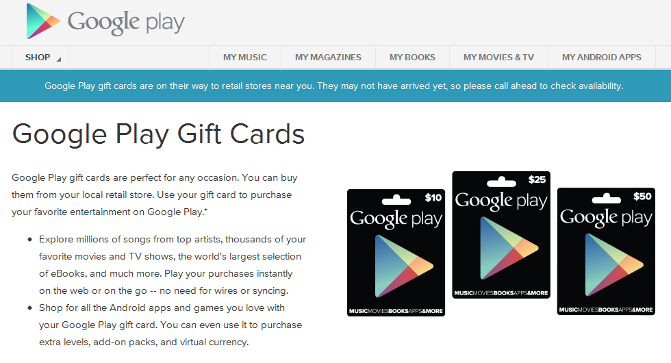Play Store Gift Card Pages Are Now Live, 'On Their Way To Retail Stores ...