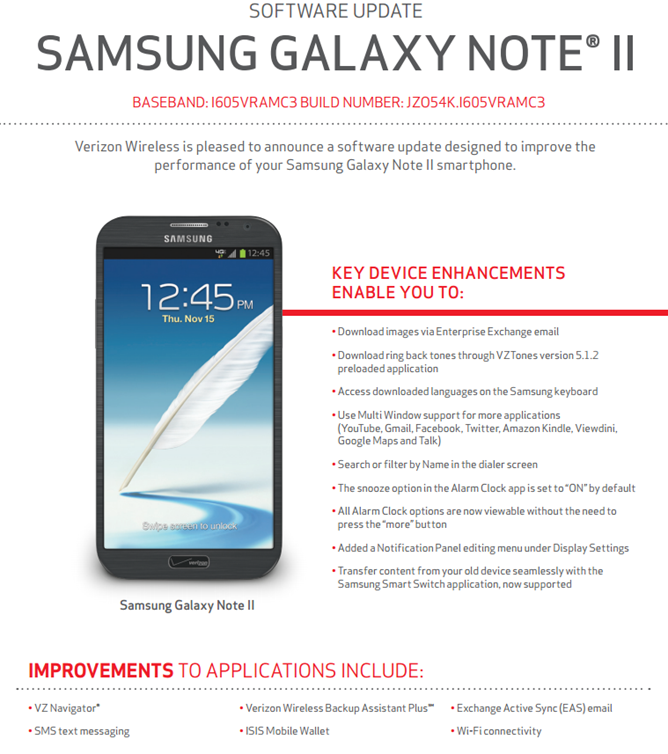 Verizon's Galaxy Note II Getting Updated To Build JZO54K.I605VRAMC3 ...