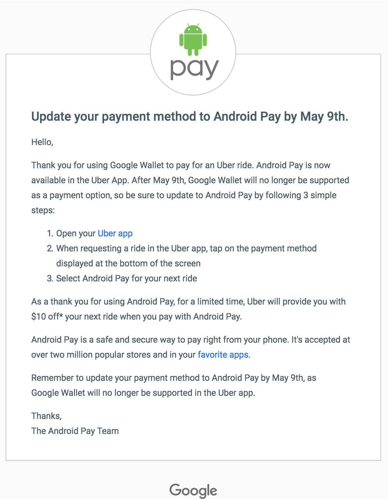 Uber To End Google Wallet Support On May 9, Android Pay Takes Its Place ...