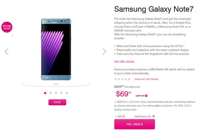 Galaxy Note7 up for pre-order at AT&T, Verizon, T-Mobile, and Sprint ...