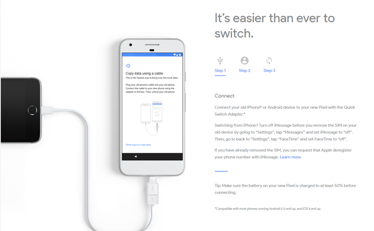 Pixel phones come with Quick Switch Adapter, can migrate data from ...