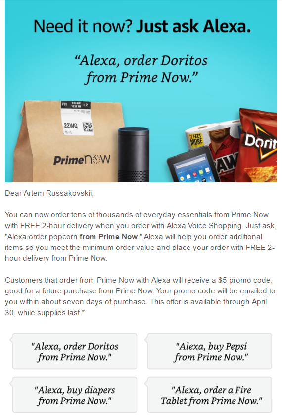 [Deal Alert] Amazon will give you $5 to order from Prime Now using Alexa