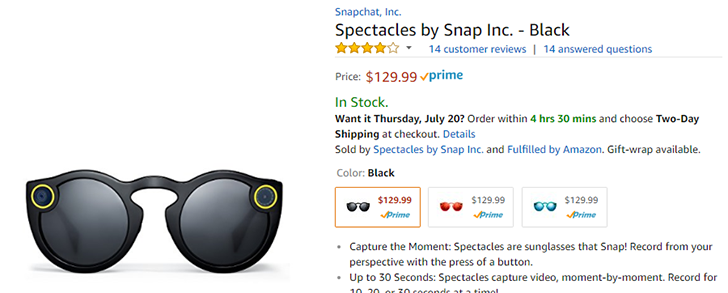 Snap Inc's 'Spectacles' can now be purchased from Amazon for $129.99