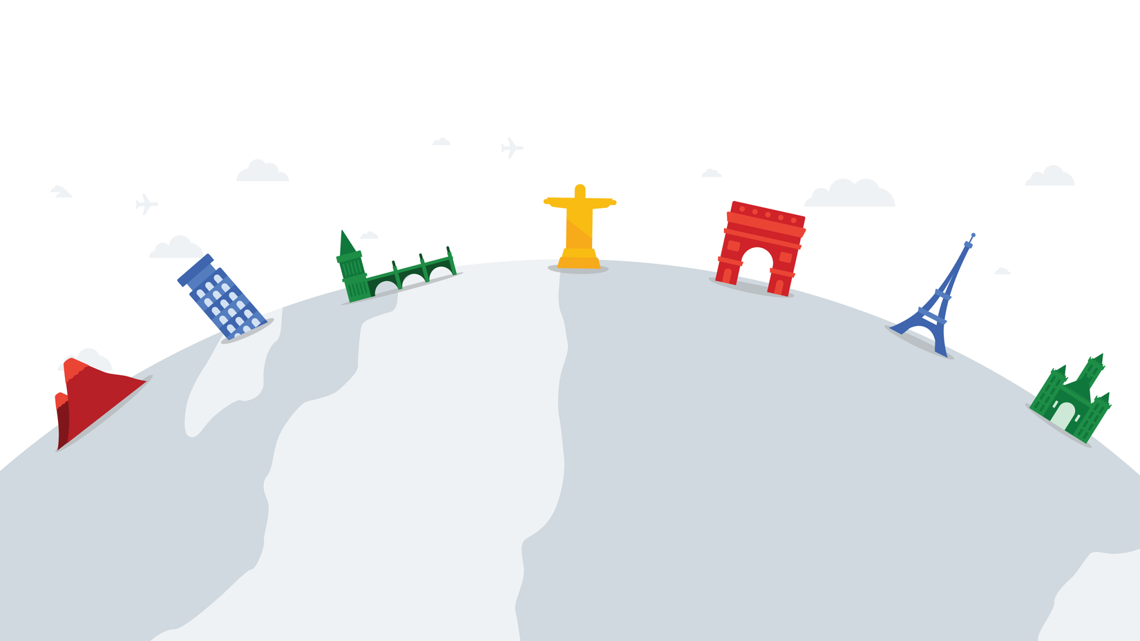 Ilustração de um globo com marcos mundiais coloridos e ícones de viagens ao longo do horizonte
