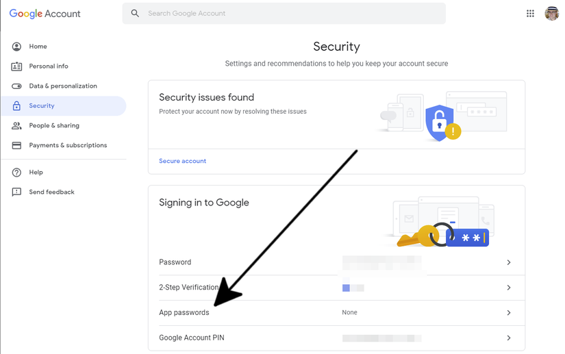 Red arrow pointing to the 'App passwords' option under the Security tab in Google Account settings.