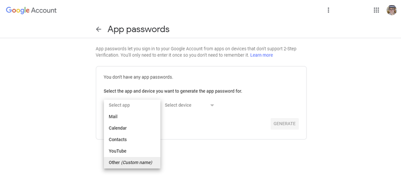 Popup window on the App passwords page where you can select which app you're generating a password for with 'Other' highlighted.