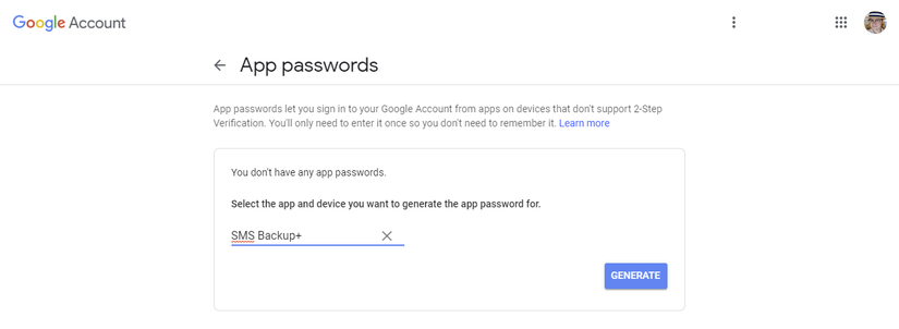 App passwords page with SMS Backup+ selected and displaying the Generate button.