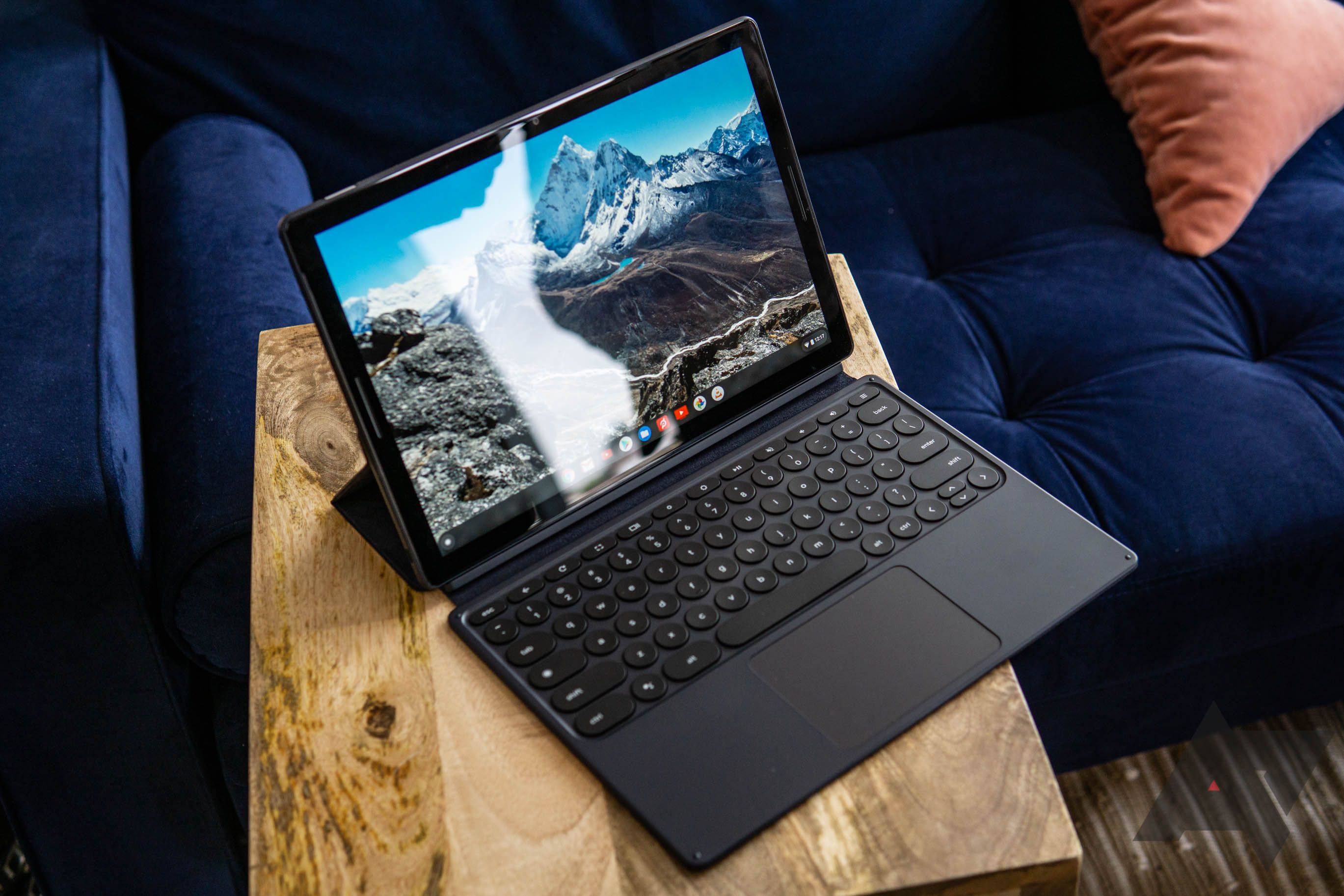 Google Pixel Slate sitting on side table