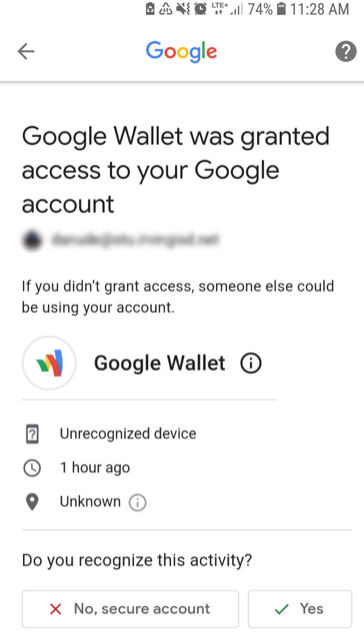 Google Wallet permission notification