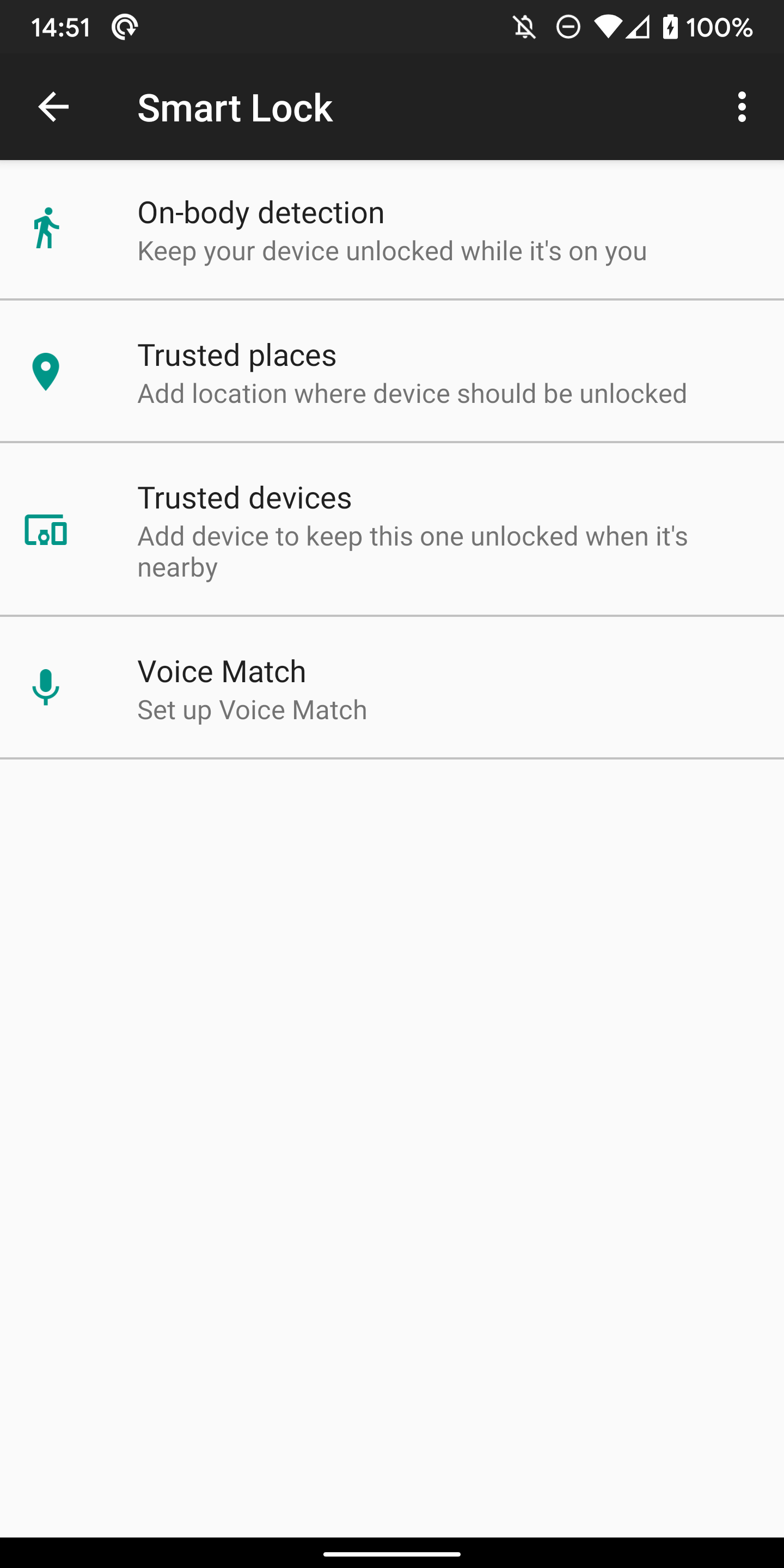 Smart Lock trusted face voice places devices on-body detection Android settings screenshot