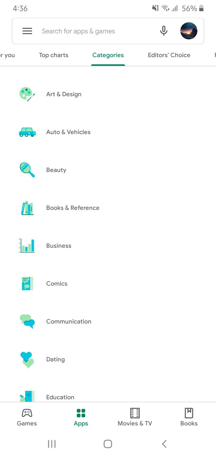 Play Store tweaks category icons with new mint green and blue colors