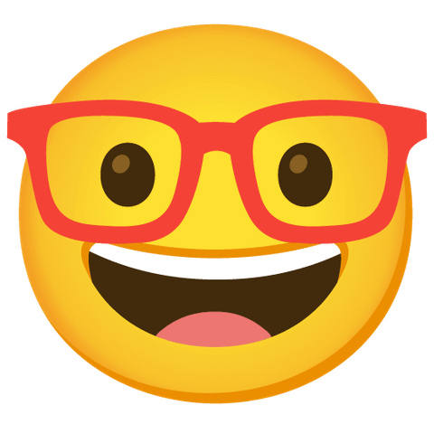 A smiling emoji wearing red glasses made in Emoji Kitchen