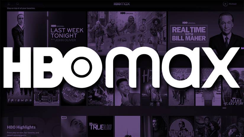 O logotipo da HBO max em um fundo roxo mostrando seu conteúdo e programas