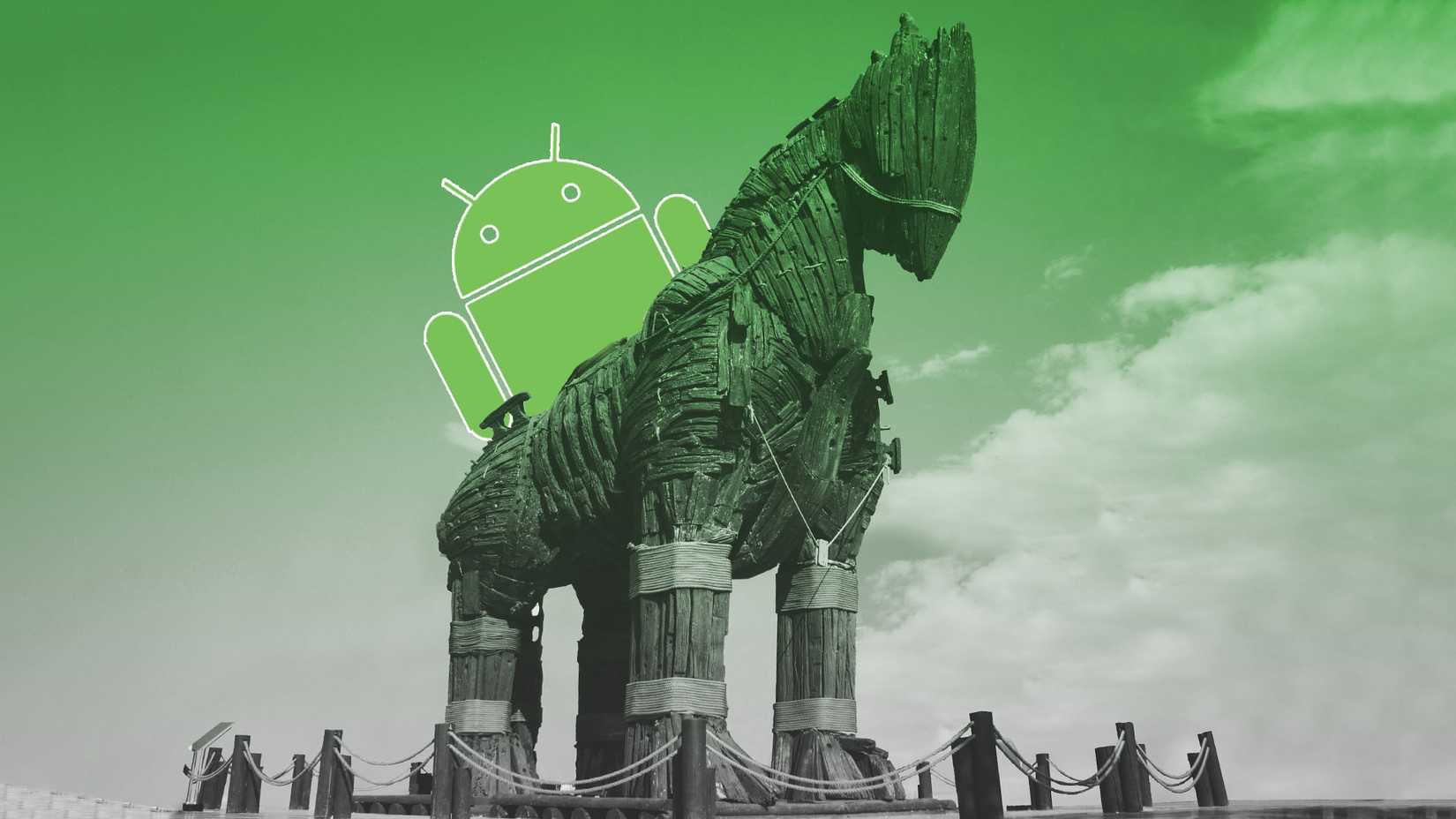 Mascote Android em cima de um cavalo de Tróia