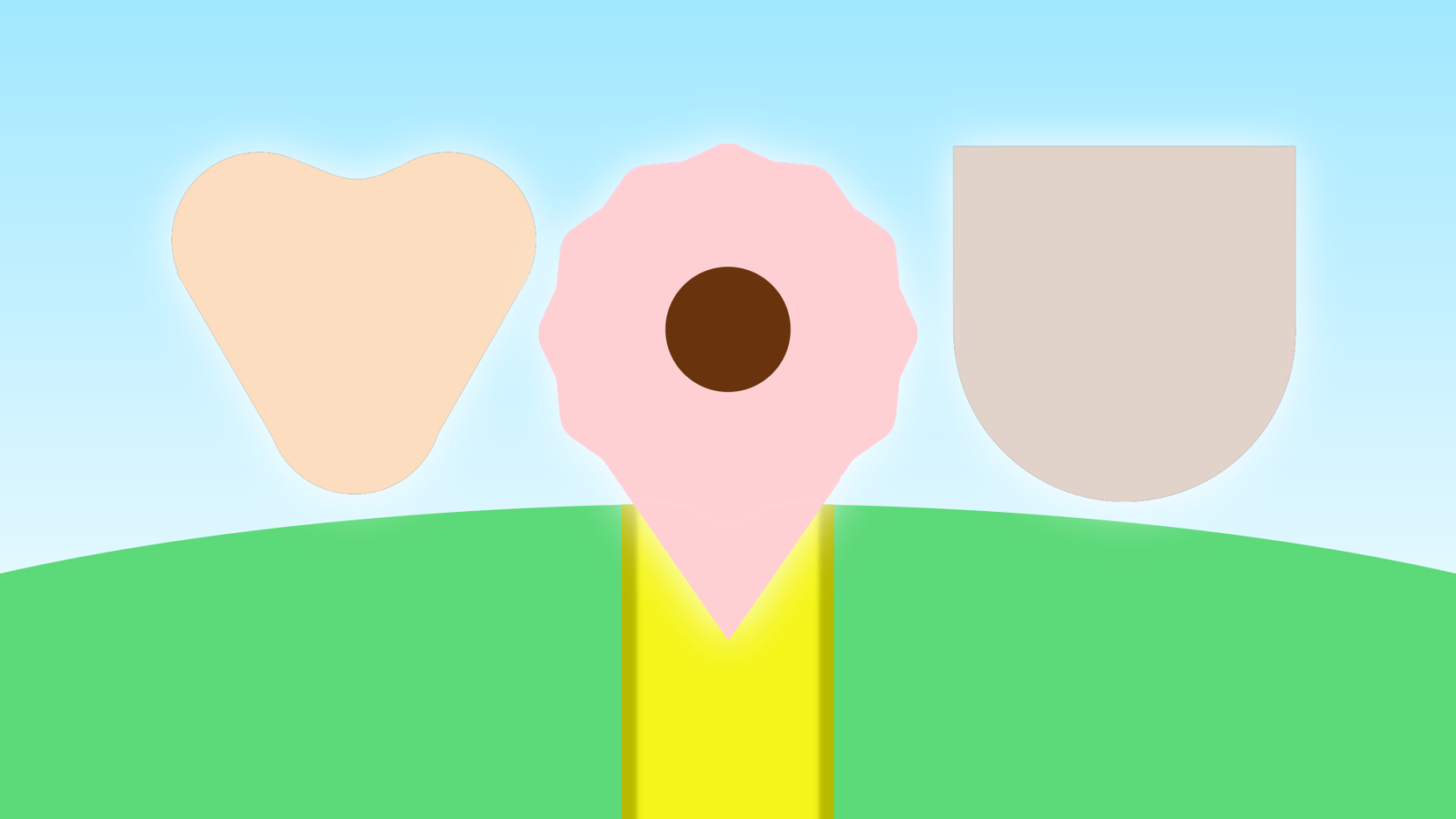 Material You shapes resembling map pins above a green hill with a yellow path under a blue sky.