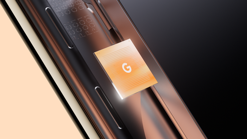 Renderização do chipset Google Tensor G2 com objeto metálico ao fundo.