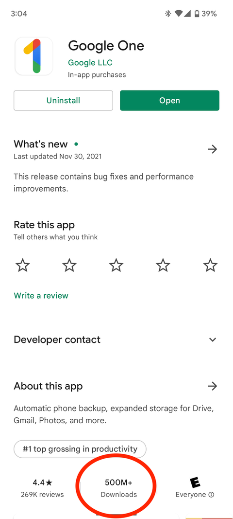 Google One has unsurprisingly hit 500 million installs on the Play Store