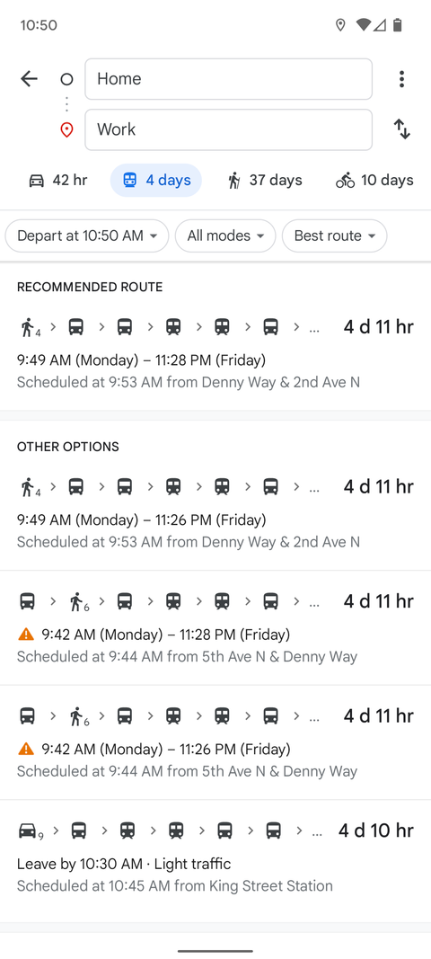 The Google Maps mobile app destination screen showing public transport option.