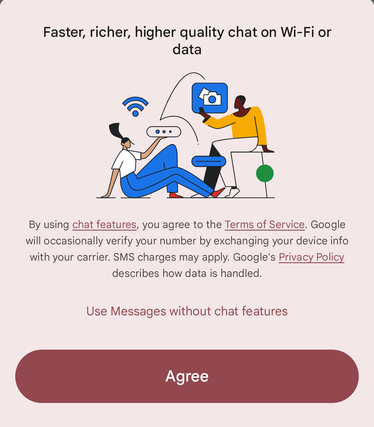 The Google Messages RCS prompt with the Agree button