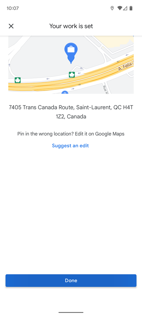 Google Maps mobile app asking to confirm the work address.