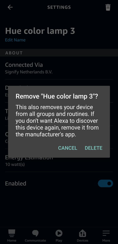 Screenshot shows the option to remove a specific light in its settings page in the Alexa app. The confirmation pop up shows options to 'Delete' or 'Cancel'.
