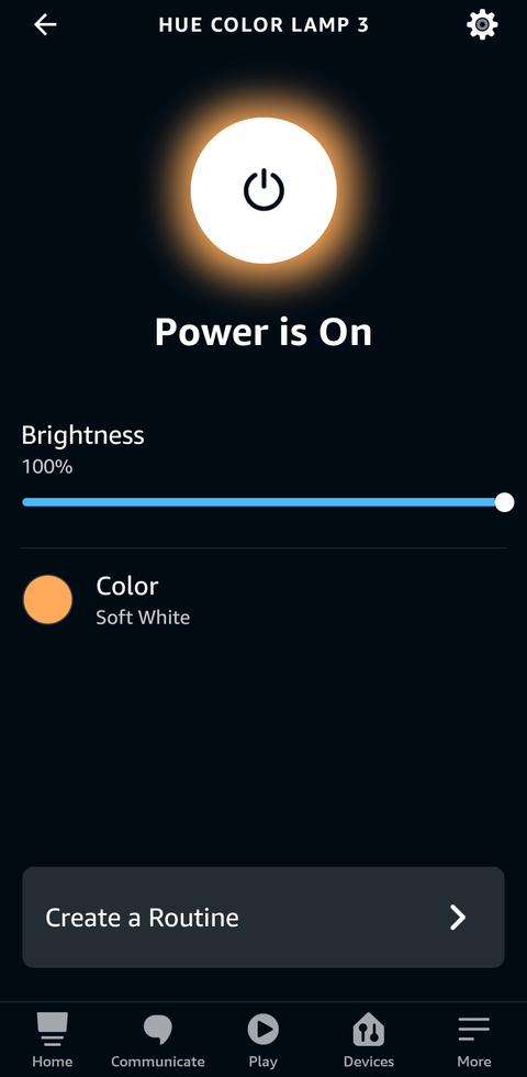 Screenshot shows the remote control page for a specific light in the Alexa app. There are options to turn on/off, adjust brightness, adjust color, and create a routine.