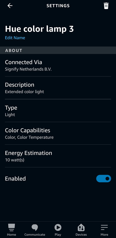 Screenshot shows the settings page for a specific light in the Alexa app.