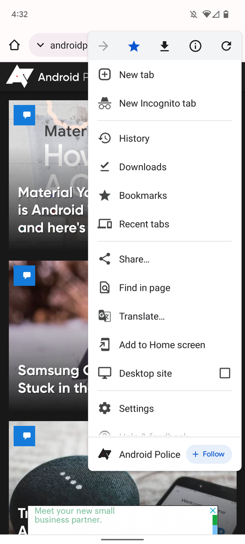 chrome mobile app screenshot showing context menu