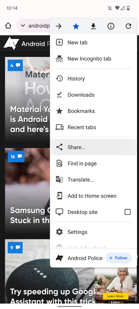 chrome browser app screenshot showing chome's settings menu
