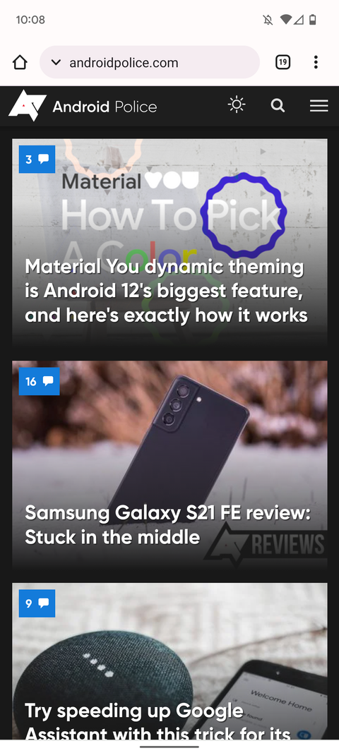 chrome browser app screenshot showing android police home page