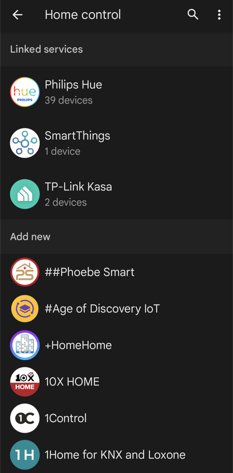 Screenshot shows the list of apps that can be linked in the Google home 'Home control' page.