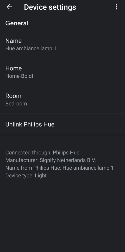 Screenshot shows the 'Device settings' page for a specific light in the Google home app.