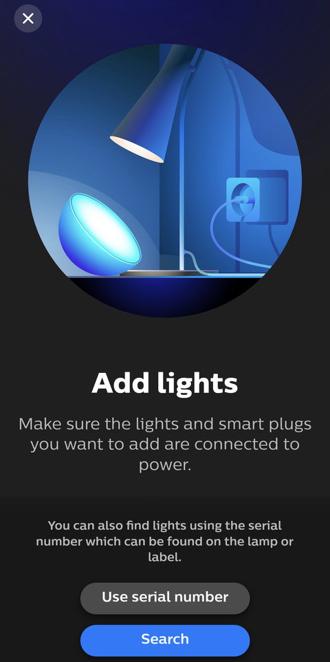 Screenshot shows the 'Add lights' page in the Hue app. There are options for 'Use serial number' and 'Search'.