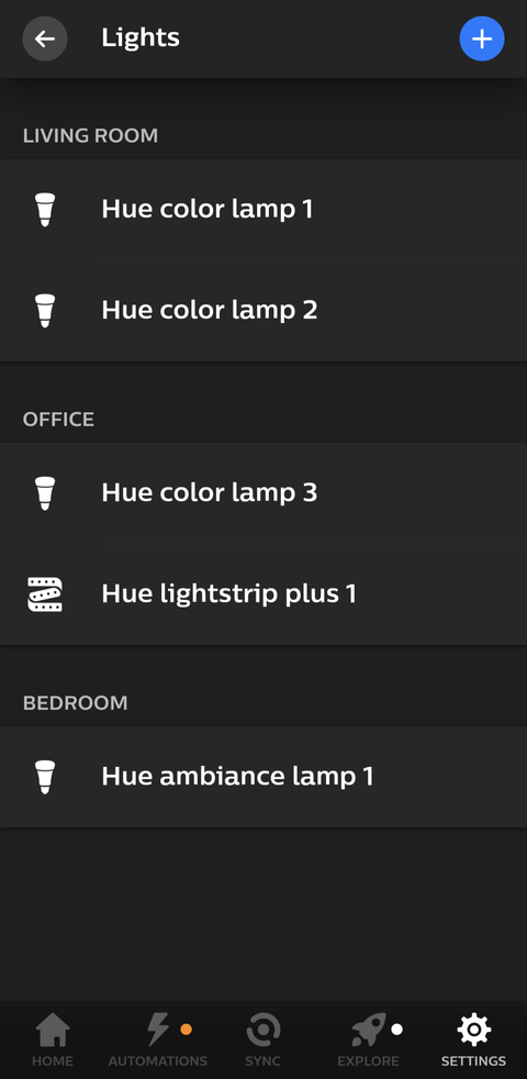 Screenshot shows the main page of the Hue app where all the connected lights are listed.