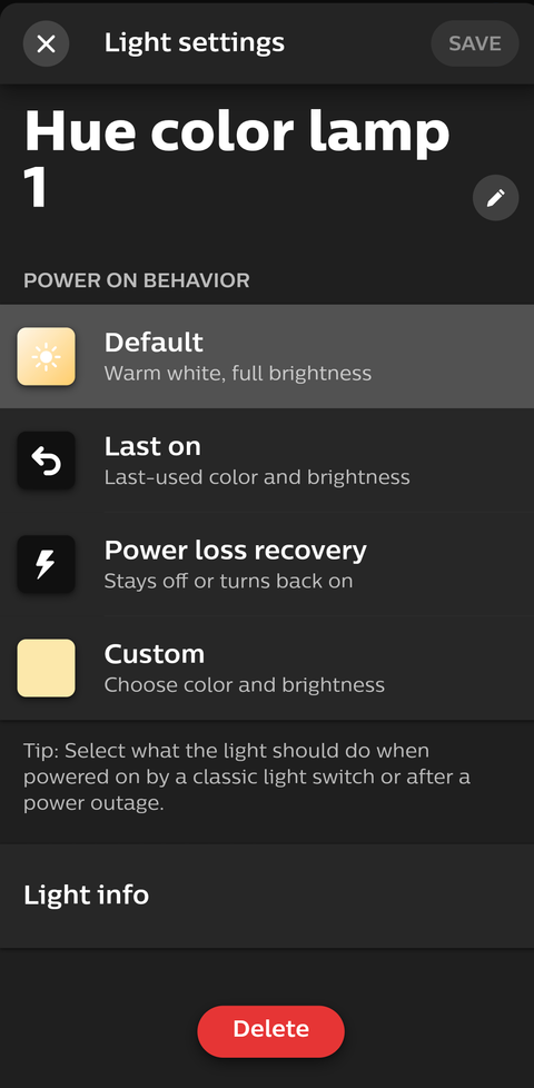 Screenshot shows the settings page for a specific light in the Hue app.