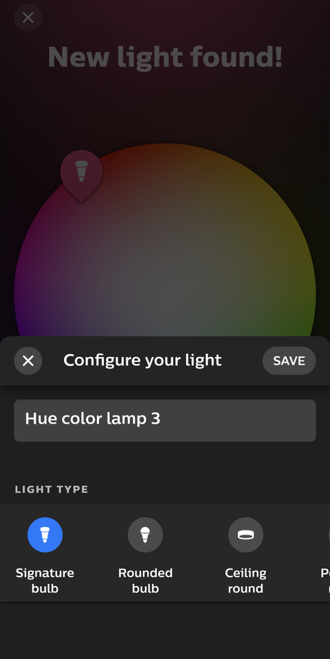 Screenshot shows the configuration page for a new light being added in the Hue app. It says 'Configure your light' with a few configuration options.