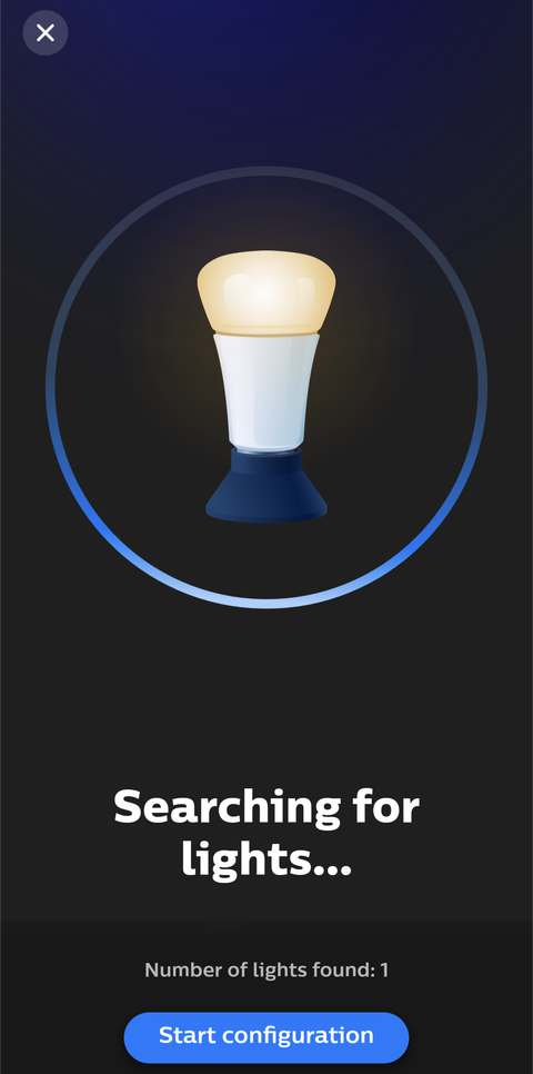 Screenshot shows the 'Searching for lights...' buffering page in the Hue app. It shows the number of lights found and has a 'Start configuration' option.