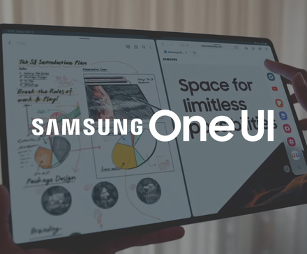 Samsung One UI text overlaid on a Galaxy tablet