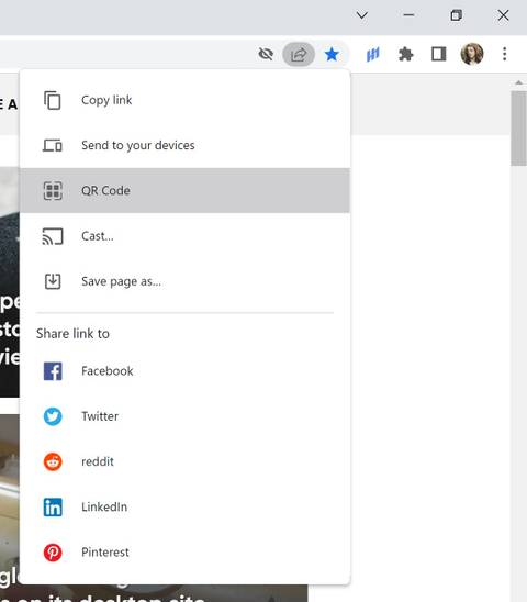 The Share menu in Google Chrome showing the QR Code option