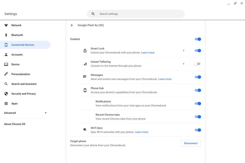 Chromebook phone unlock settings screenshot