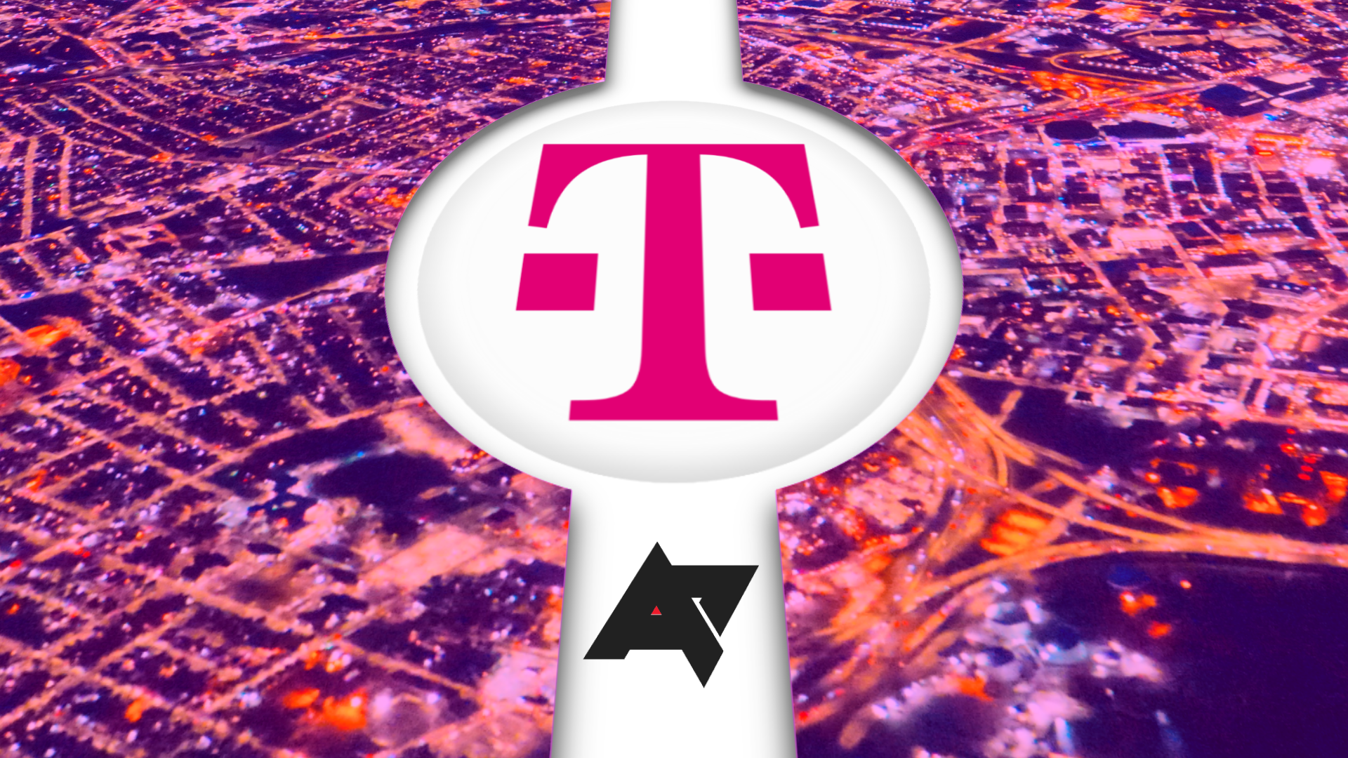 Logo T-Mobile dengan gambar tampilan atas sebuah kota di latar belakang
