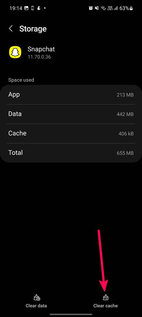 Screenshot highlighting Clear cache option for Snapchat
