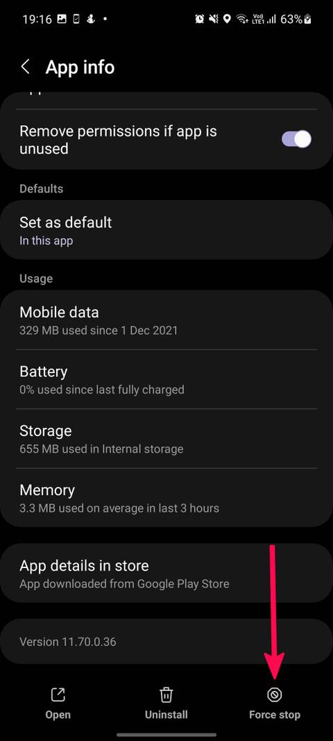 Screenshot highlighting Force stop option