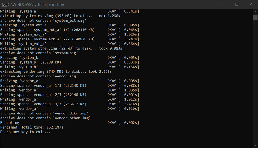 Running the "flash-all.bat" file in a Windows command prompt to install a Pixel system image.