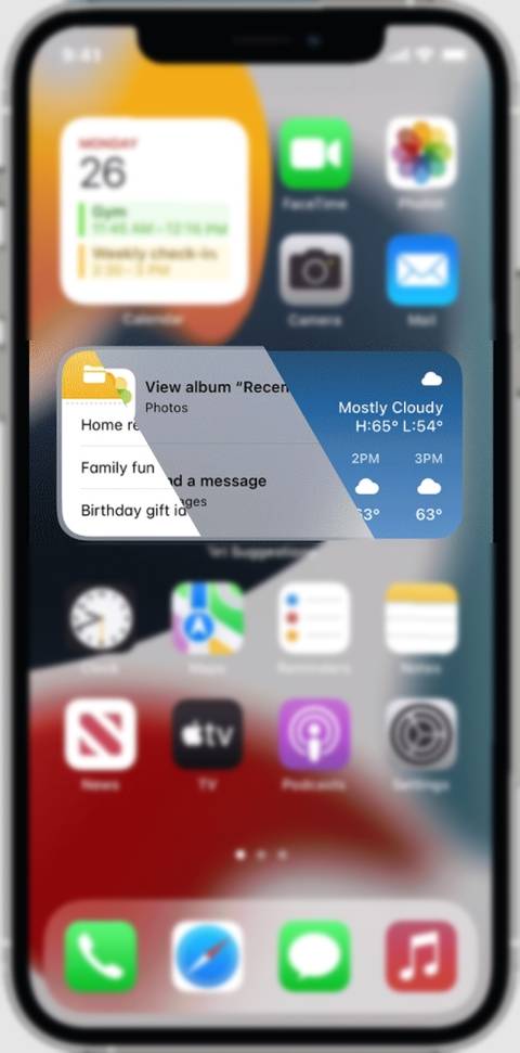 iOS widget stack with notes, weather, and photos widgets