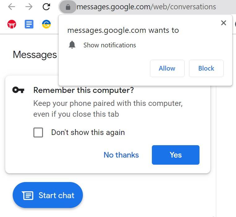 How to use Google Messages on your laptop or desktop 13 Pop up notifications for Google to remember the computer and to allow notifications