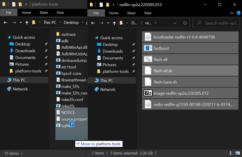 Moving the Pixel system image files to the "platform-tools" folder.