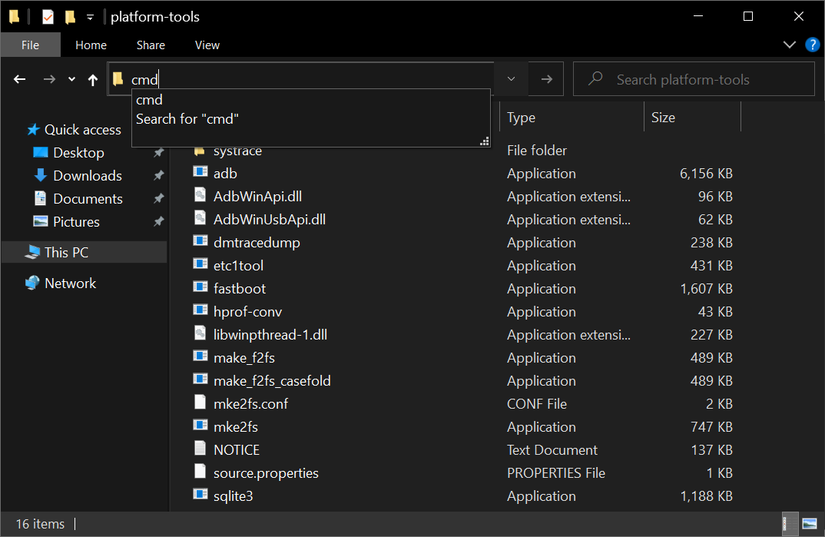 Typing "cmd" in the address bar to open a Windows command prompt in the "platform-tools" folder.